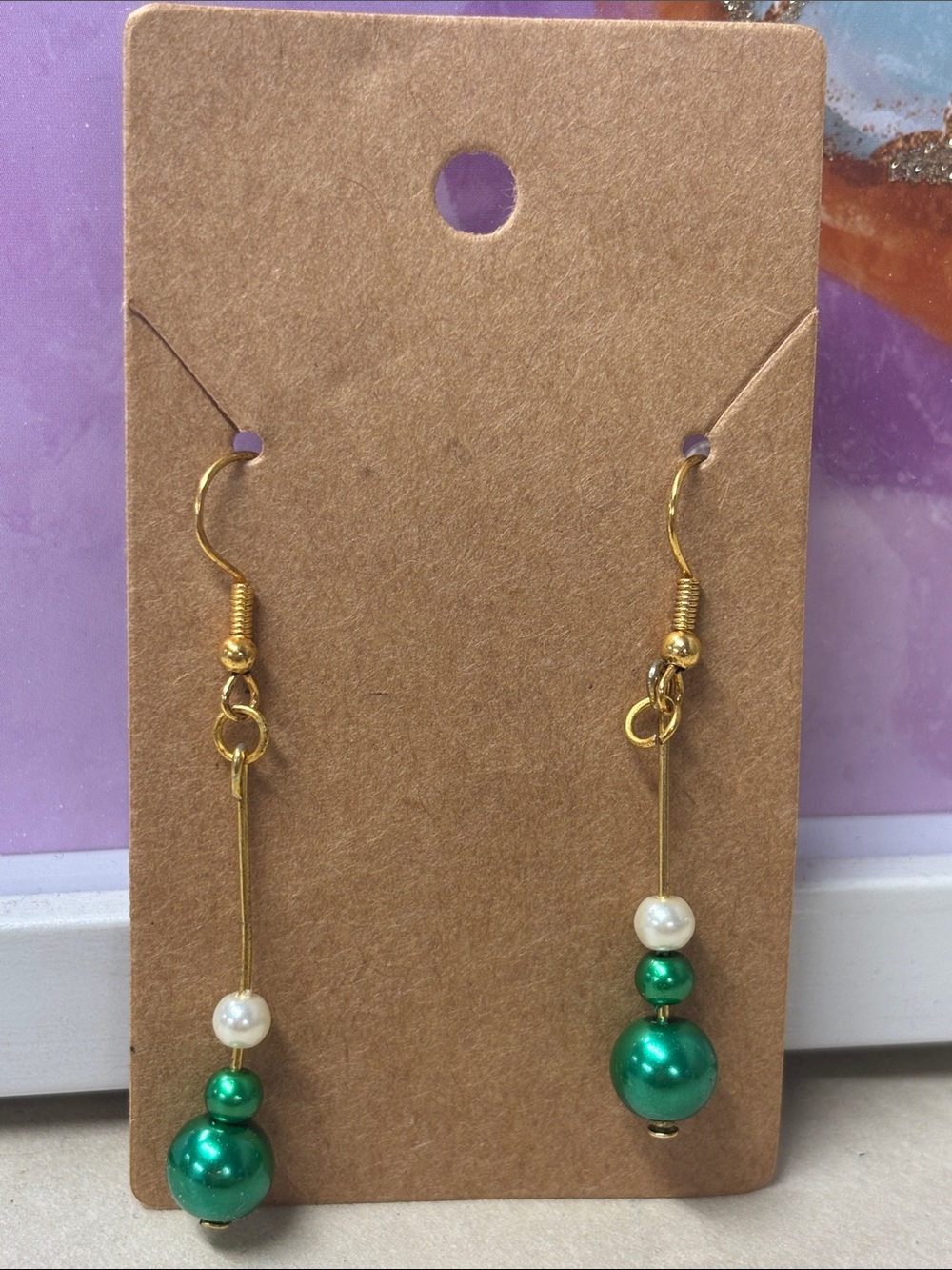 Gold Drop Earrings with Green and Pearl Beads - Women Jewelry